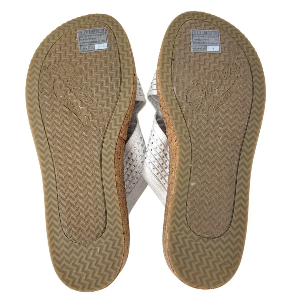 Skechers Arch Fit Sandals Slip On Sz 9 Beverlee Sweet Lacey Wedges White Comfort